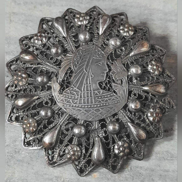Vintage Sterling Silver Egyptian Filigree Brooch Pin Signed - Picture 3 of 14